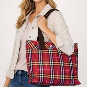 Burberry Pink and Brown Plaid coated canvas bag